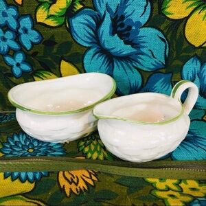 Vintage 70s 80s Shafford Japan Cream and Sugar Holder Cups White Green Geometric